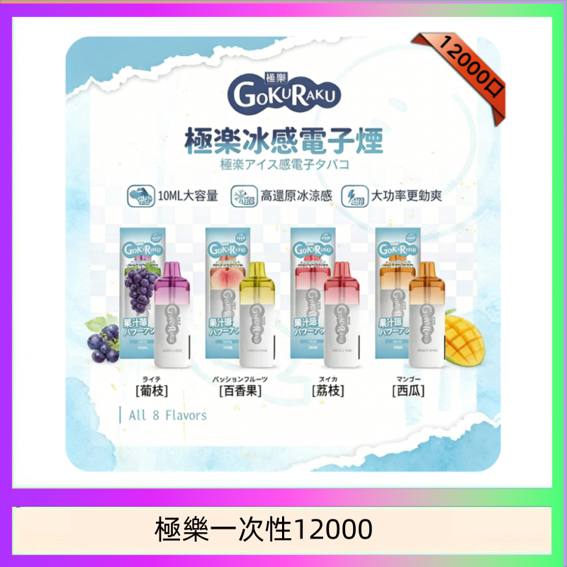 【8種口味】極楽 12000口一次性電子煙|超大容量 |口感絲滑|新品